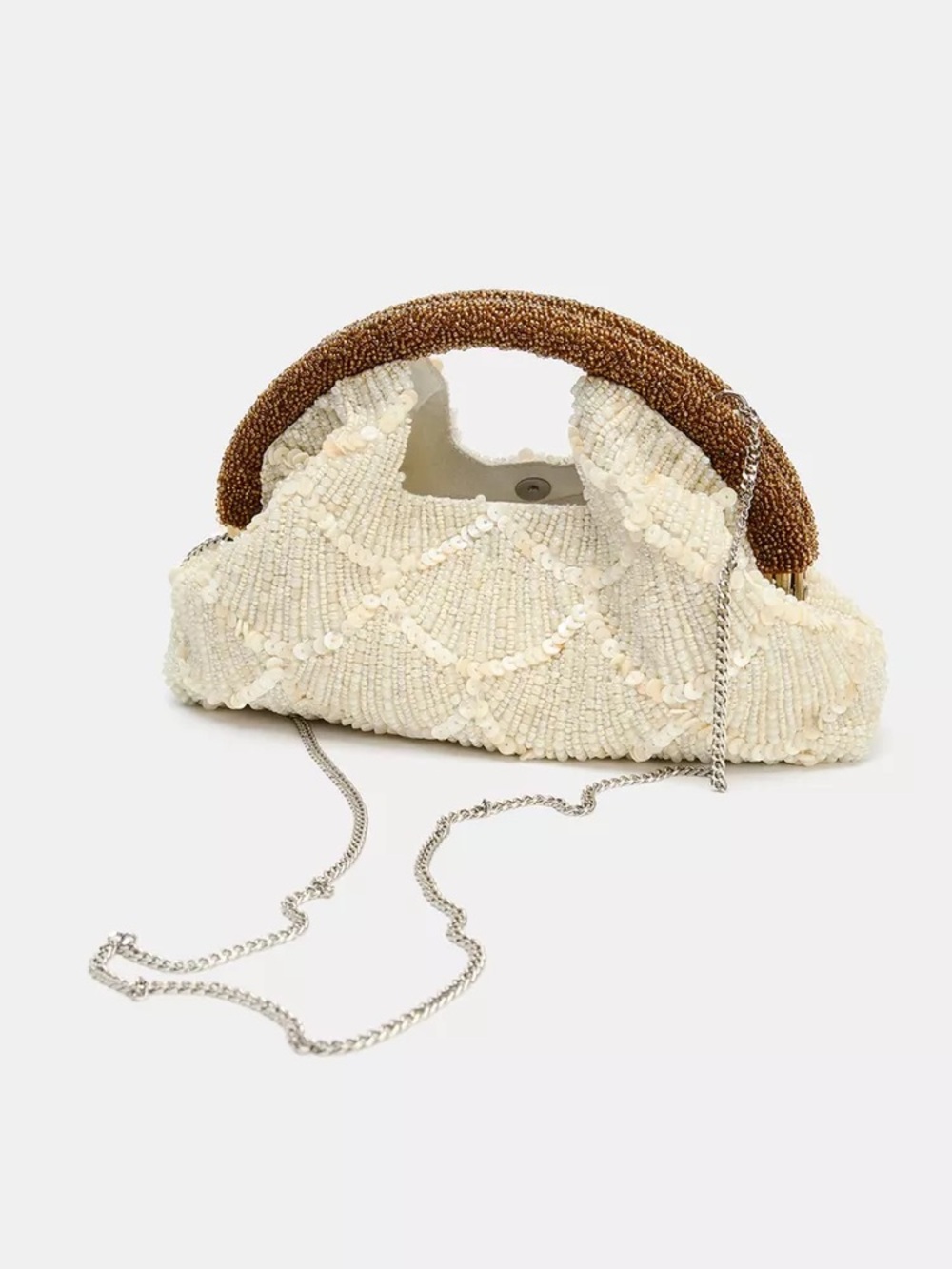 Zara Beaded Cream and Brown Top-Handle Bohemian Evening Bag